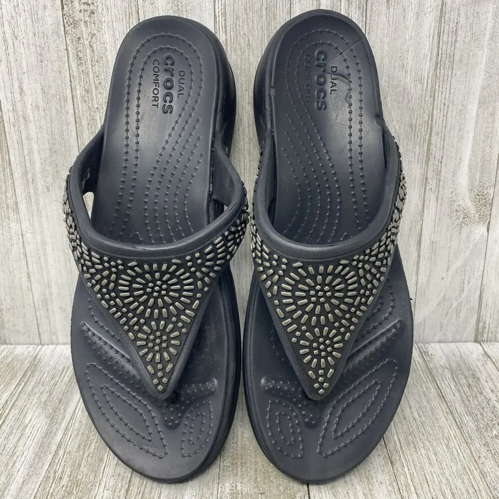Crocs Sandals Womens 10  Flip Flops Wedge Dual Comfort Monterey Diamante Black - Picture 6 of 11